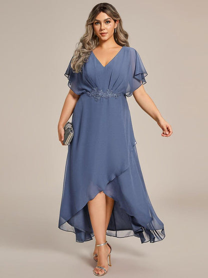 pretty LILAS|Plus Size V-Neck Chiffon Bat-Wing Sleeve A-Line Waist Applique Formal Dress