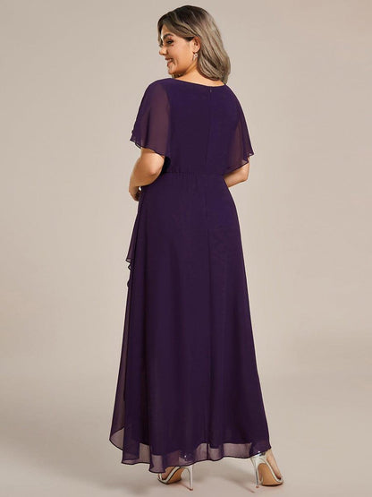 pretty LILAS|Plus Size V-Neck Chiffon Bat-Wing Sleeve A-Line Waist Applique Formal Dress