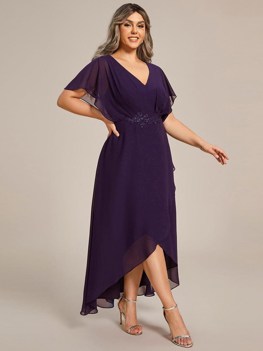 pretty LILAS|Plus Size V-Neck Chiffon Bat-Wing Sleeve A-Line Waist Applique Formal Dress