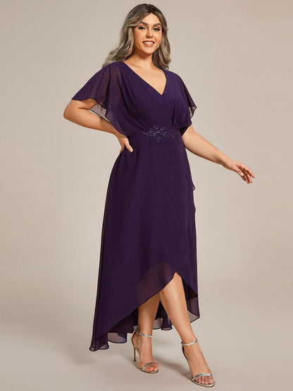 pretty LILAS|Plus Size V-Neck Chiffon Bat-Wing Sleeve A-Line Waist Applique Formal Dress