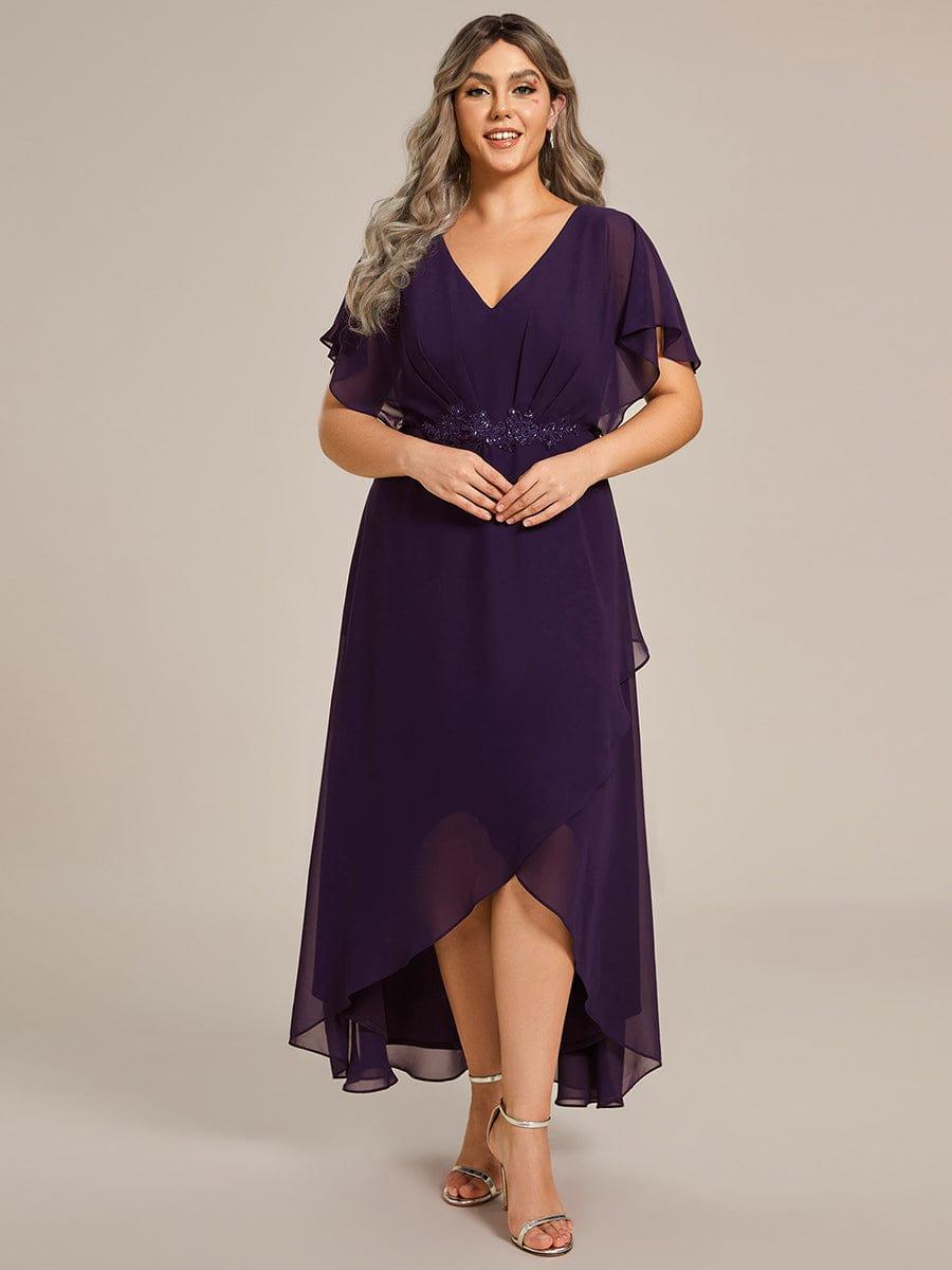 pretty LILAS|Plus Size V-Neck Chiffon Bat-Wing Sleeve A-Line Waist Applique Formal Dress