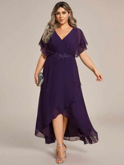 pretty LILAS|Plus Size V-Neck Chiffon Bat-Wing Sleeve A-Line Waist Applique Formal Dress
