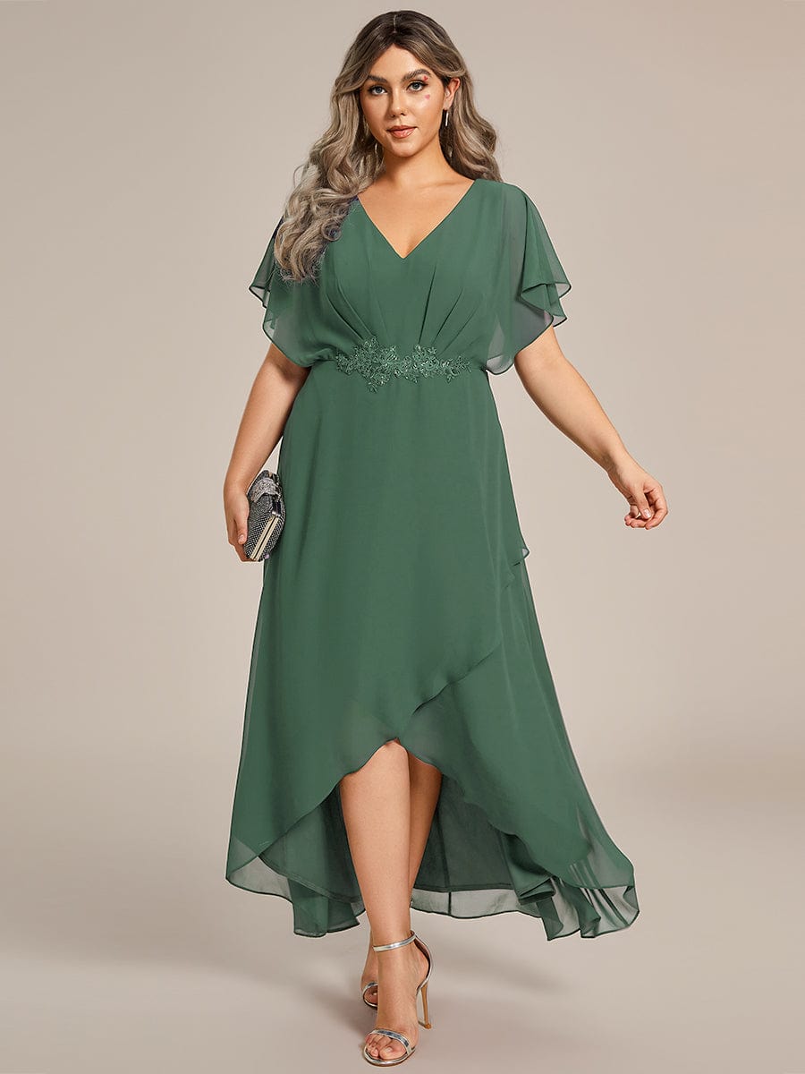 pretty LILAS|Plus Size V-Neck Chiffon Bat-Wing Sleeve A-Line Waist Applique Formal Dress