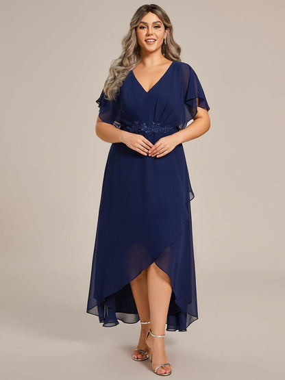 pretty LILAS|Plus Size V-Neck Chiffon Bat-Wing Sleeve A-Line Waist Applique Formal Dress