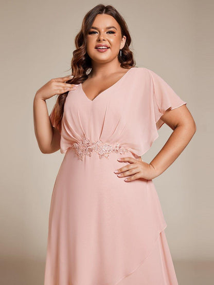 pretty LILAS|Plus Size V-Neck Chiffon Bat-Wing Sleeve A-Line Waist Applique Formal Dress