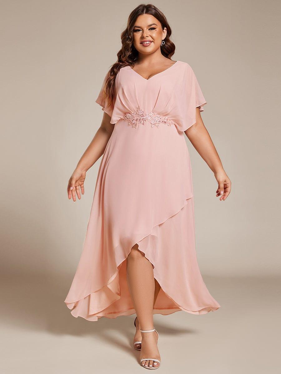 pretty LILAS|Plus Size V-Neck Chiffon Bat-Wing Sleeve A-Line Waist Applique Formal Dress