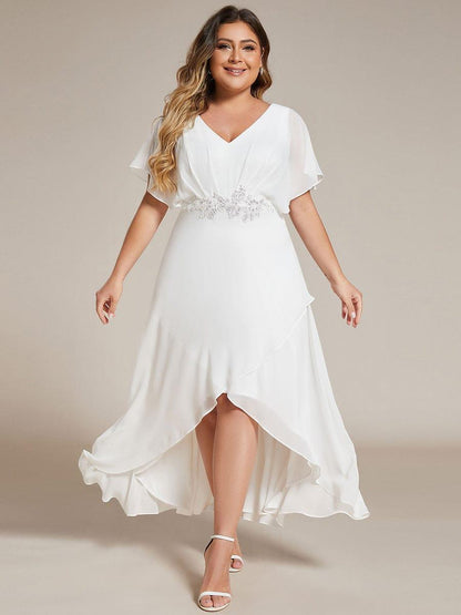 pretty LILAS|Plus Size V-Neck Chiffon Bat-Wing Sleeve A-Line Waist Applique Formal Dress