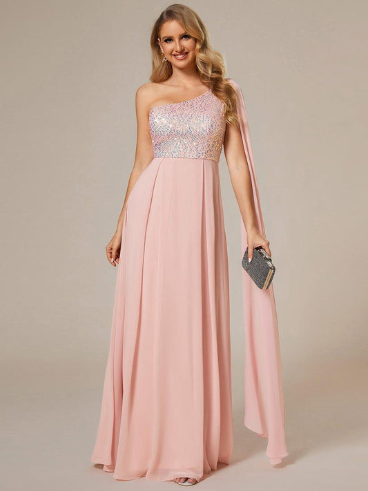 Sleeveless Chiffon A-Line Shinny Sequin Bodice One Shoulder Evening Dress