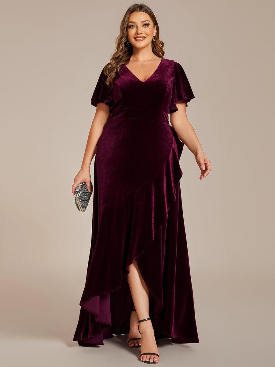 pretty SYLVA|Plus Size Lotus Leaf Hem A-Line V-Neck Ruffles Sleeve Velvet Evening Dress