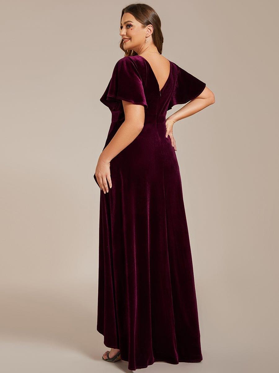 pretty SYLVA|Plus Size Lotus Leaf Hem A-Line V-Neck Ruffles Sleeve Velvet Evening Dress