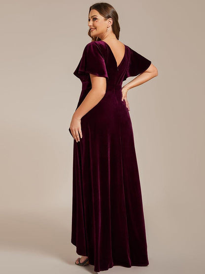 pretty SYLVA|Plus Size Lotus Leaf Hem A-Line V-Neck Ruffles Sleeve Velvet Evening Dress