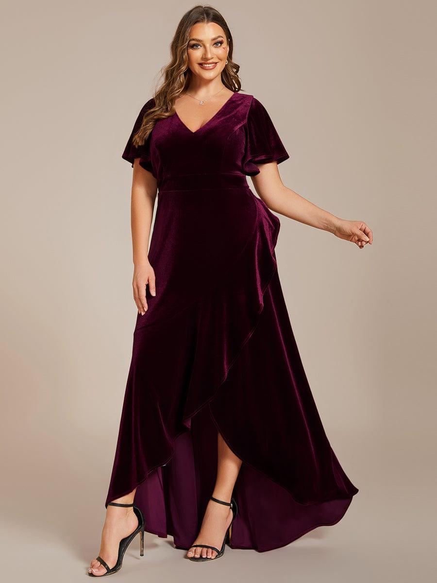 pretty SYLVA|Plus Size Lotus Leaf Hem A-Line V-Neck Ruffles Sleeve Velvet Evening Dress
