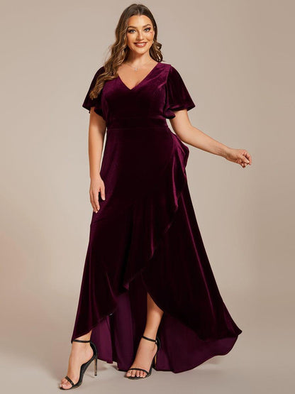 pretty SYLVA|Plus Size Lotus Leaf Hem A-Line V-Neck Ruffles Sleeve Velvet Evening Dress