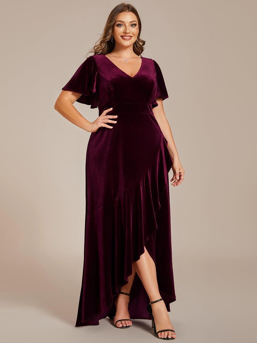 pretty SYLVA|Plus Size Lotus Leaf Hem A-Line V-Neck Ruffles Sleeve Velvet Evening Dress