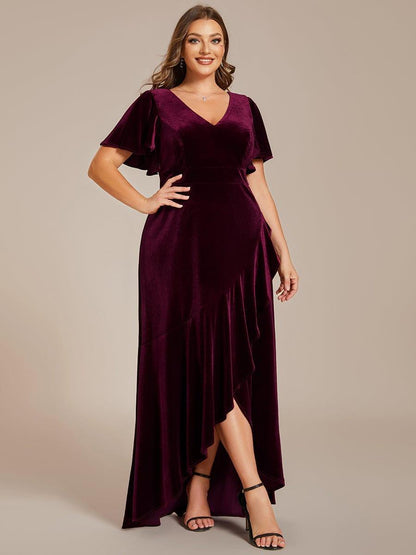 pretty SYLVA|Plus Size Lotus Leaf Hem A-Line V-Neck Ruffles Sleeve Velvet Evening Dress