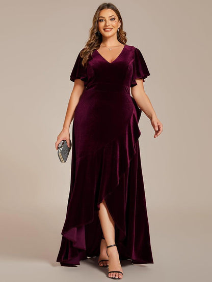 ever SYLVA|Double V-Neck Short Sleeves Stretchy Velvet Evening Dress with Lotus Leaf Hem