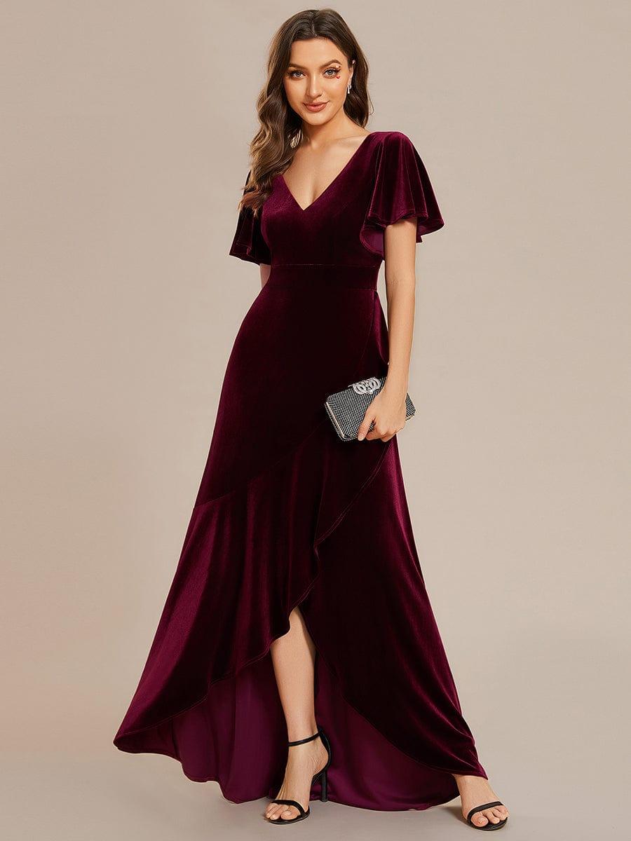 ever SYLVA|Double V-Neck Short Sleeves Stretchy Velvet Evening Dress with Lotus Leaf Hem