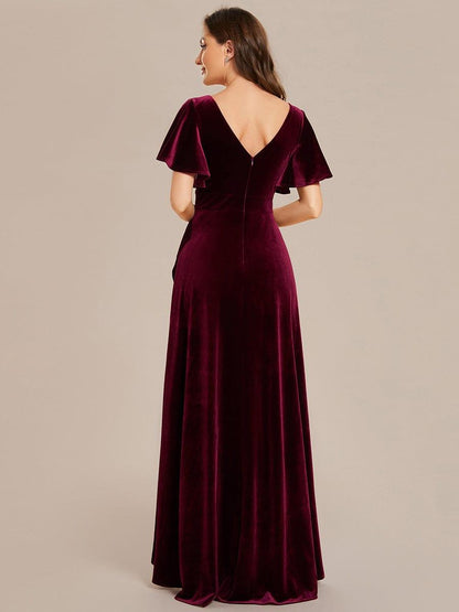 ever SYLVA|Double V-Neck Short Sleeves Stretchy Velvet Evening Dress with Lotus Leaf Hem