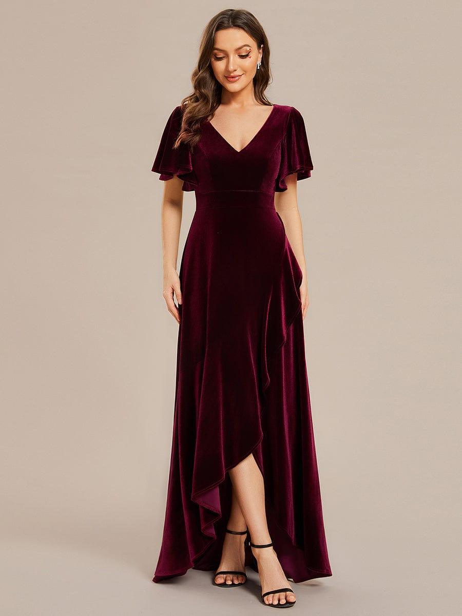 ever SYLVA|Double V-Neck Short Sleeves Stretchy Velvet Evening Dress with Lotus Leaf Hem