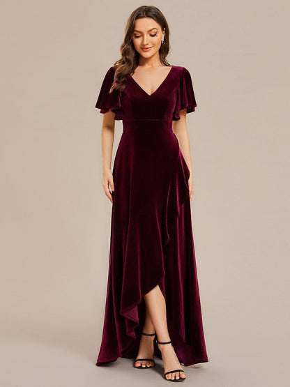 ever SYLVA|Double V-Neck Short Sleeves Stretchy Velvet Evening Dress with Lotus Leaf Hem