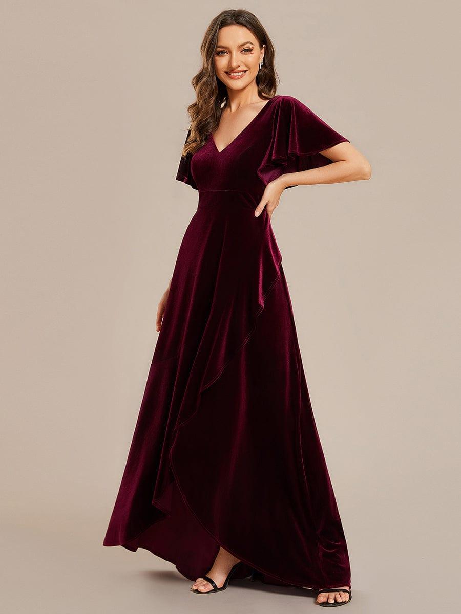 ever SYLVA|Double V-Neck Short Sleeves Stretchy Velvet Evening Dress with Lotus Leaf Hem