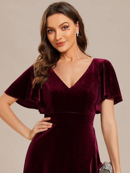 ever SYLVA|Double V-Neck Short Sleeves Stretchy Velvet Evening Dress with Lotus Leaf Hem