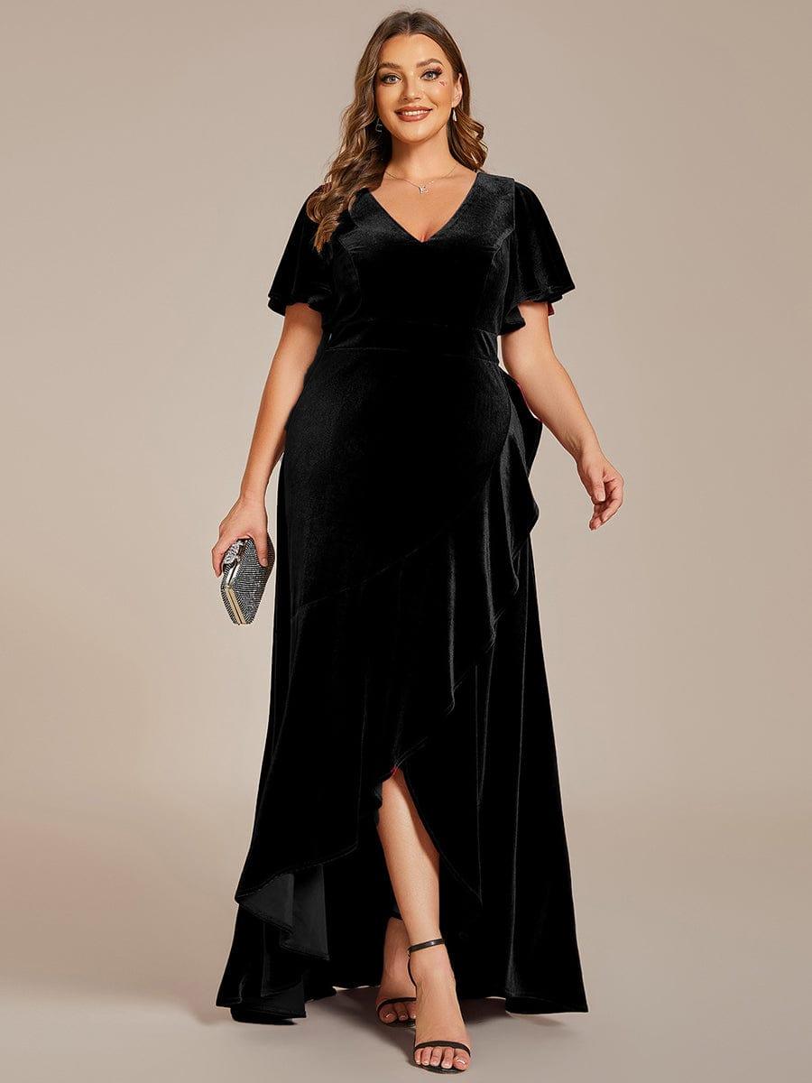 pretty SYLVA|Plus Size Lotus Leaf Hem A-Line V-Neck Ruffles Sleeve Velvet Evening Dress