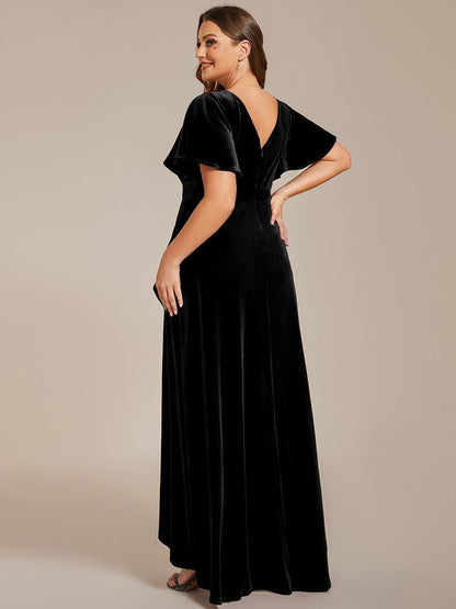 ever SYLVA|Double V-Neck Short Sleeves Stretchy Velvet Evening Dress with Lotus Leaf Hem