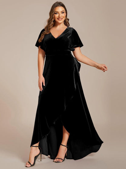 pretty SYLVA|Plus Size Lotus Leaf Hem A-Line V-Neck Ruffles Sleeve Velvet Evening Dress