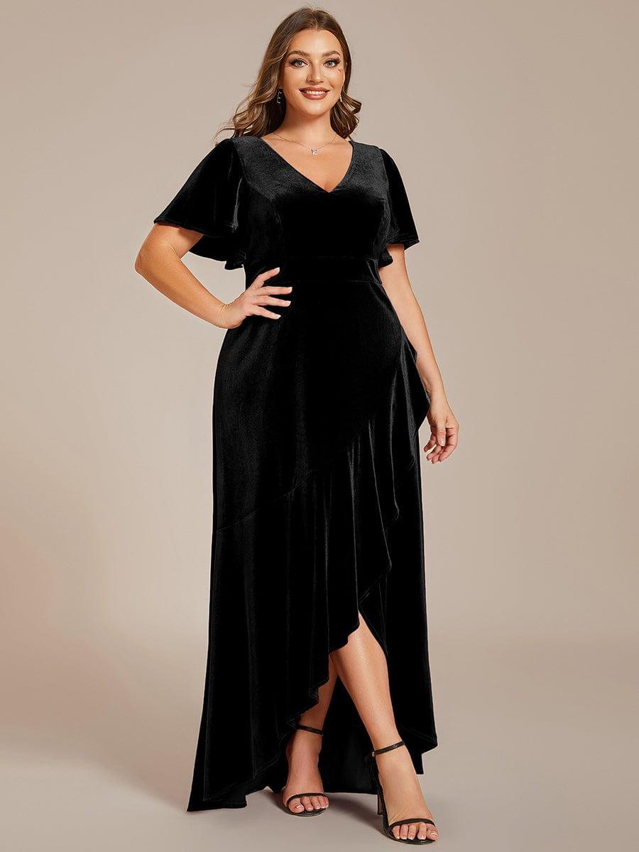 pretty SYLVA|Plus Size Lotus Leaf Hem A-Line V-Neck Ruffles Sleeve Velvet Evening Dress
