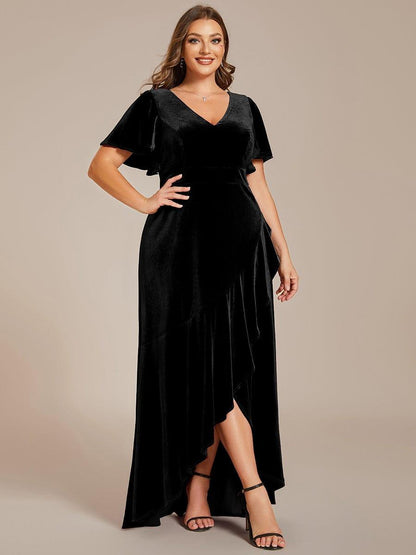 pretty SYLVA|Plus Size Lotus Leaf Hem A-Line V-Neck Ruffles Sleeve Velvet Evening Dress