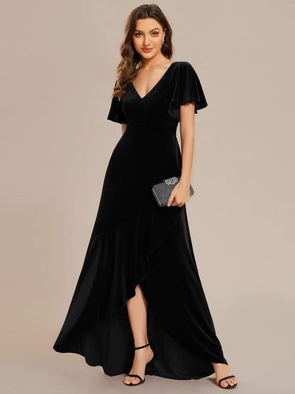 ever SYLVA|Double V-Neck Short Sleeves Stretchy Velvet Evening Dress with Lotus Leaf Hem
