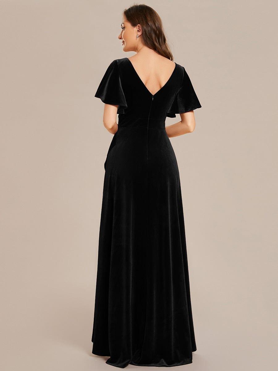 ever SYLVA|Double V-Neck Short Sleeves Stretchy Velvet Evening Dress with Lotus Leaf Hem