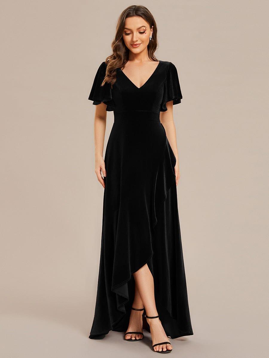 ever SYLVA|Double V-Neck Short Sleeves Stretchy Velvet Evening Dress with Lotus Leaf Hem