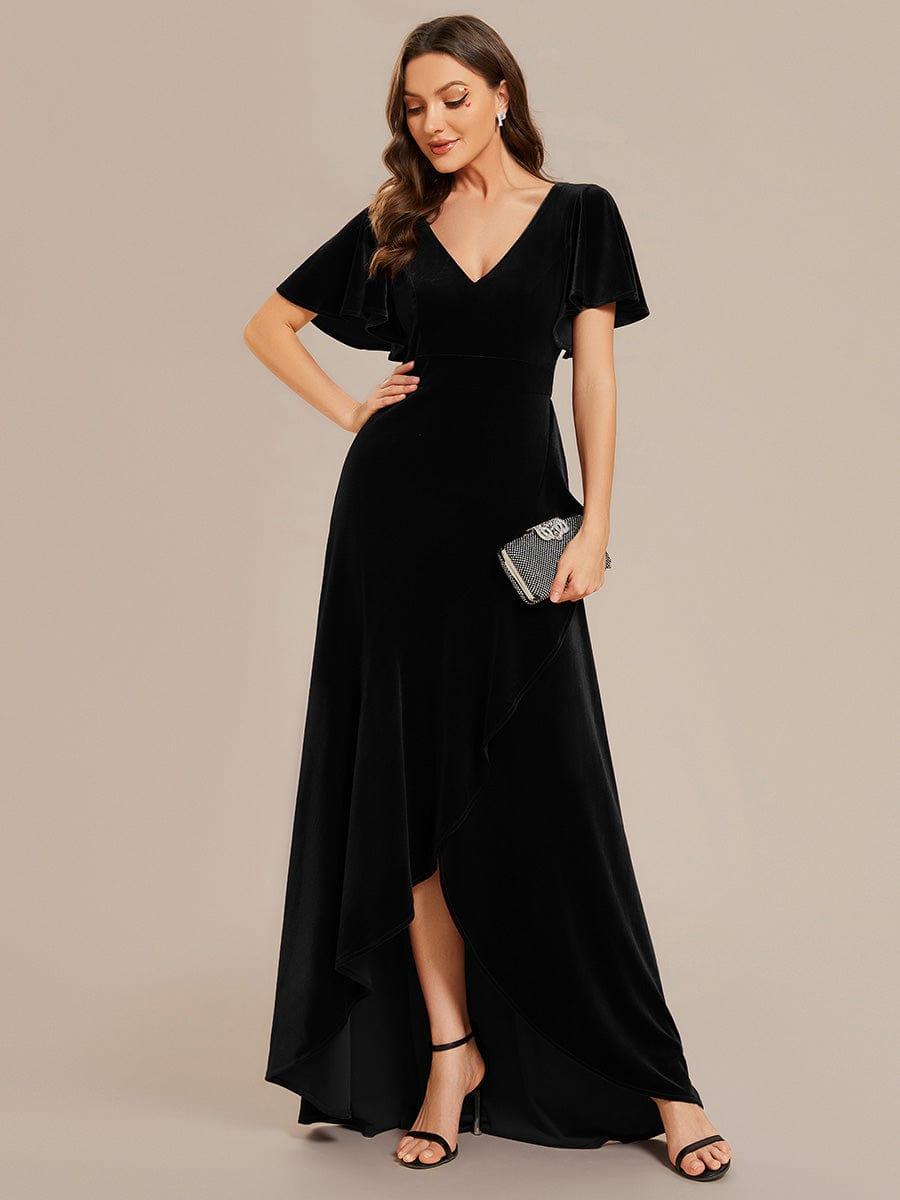 ever SYLVA|Double V-Neck Short Sleeves Stretchy Velvet Evening Dress with Lotus Leaf Hem
