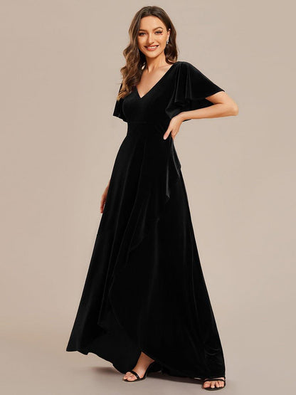 ever SYLVA|Double V-Neck Short Sleeves Stretchy Velvet Evening Dress with Lotus Leaf Hem