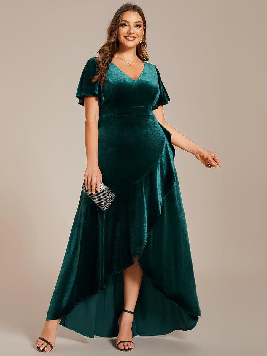 ever SYLVA|Double V-Neck Short Sleeves Stretchy Velvet Evening Dress with Lotus Leaf Hem