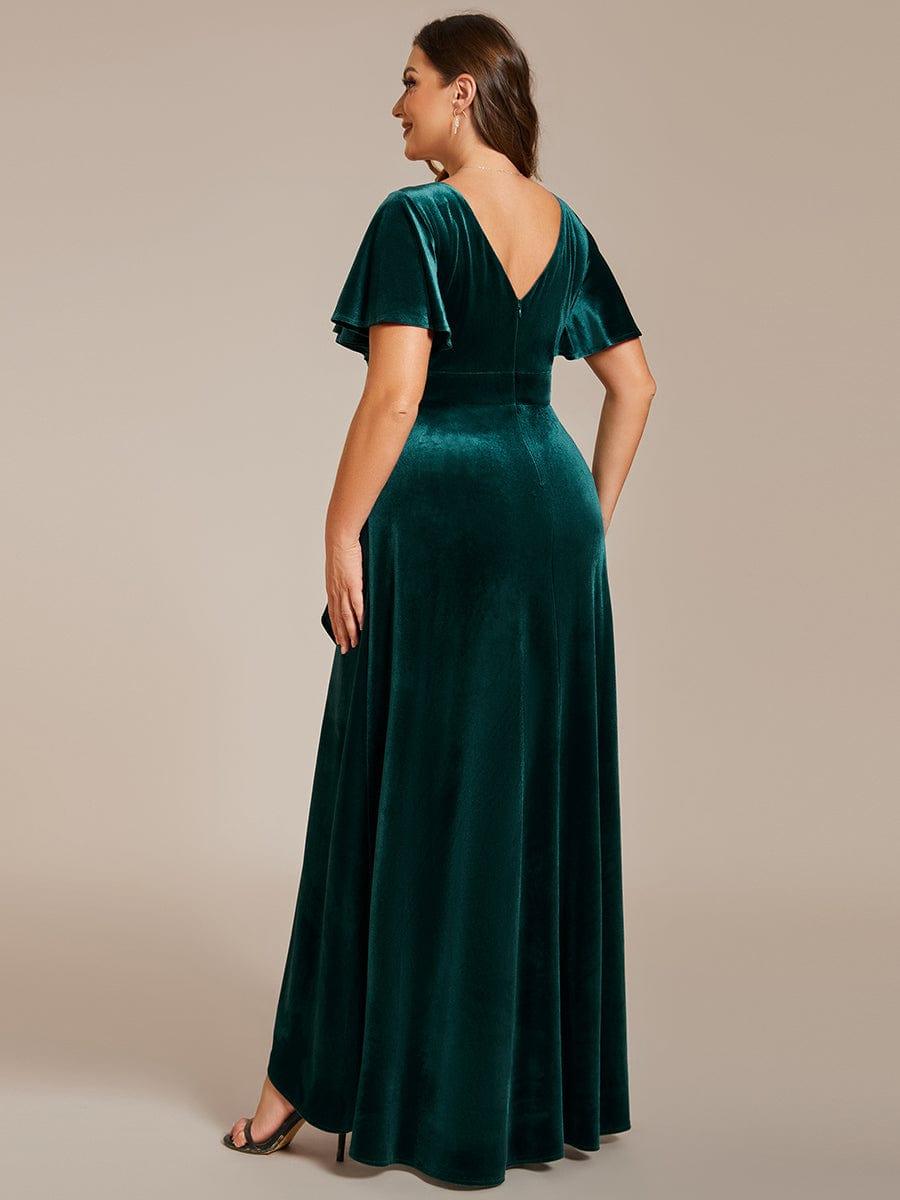 ever SYLVA|Double V-Neck Short Sleeves Stretchy Velvet Evening Dress with Lotus Leaf Hem