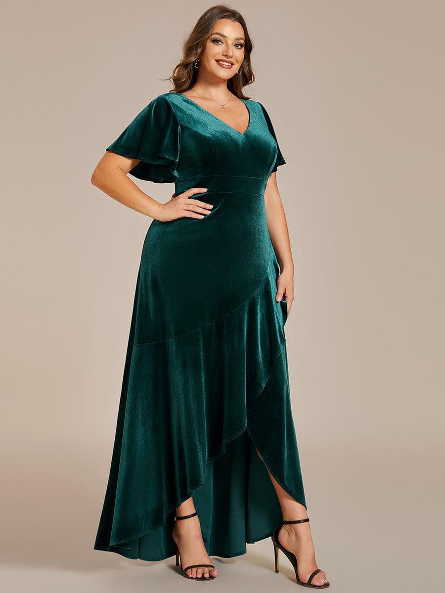 pretty SYLVA|Plus Size Lotus Leaf Hem A-Line V-Neck Ruffles Sleeve Velvet Evening Dress
