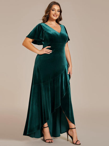 pretty SYLVA|Plus Size Lotus Leaf Hem A-Line V-Neck Ruffles Sleeve Velvet Evening Dress