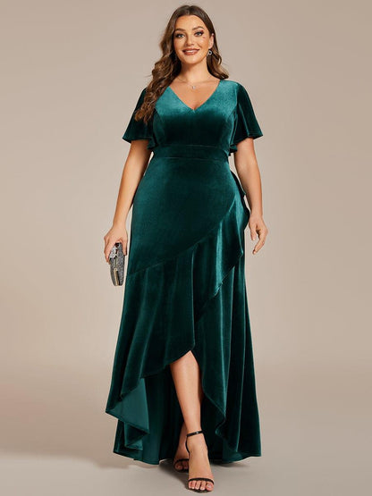 pretty SYLVA|Plus Size Lotus Leaf Hem A-Line V-Neck Ruffles Sleeve Velvet Evening Dress
