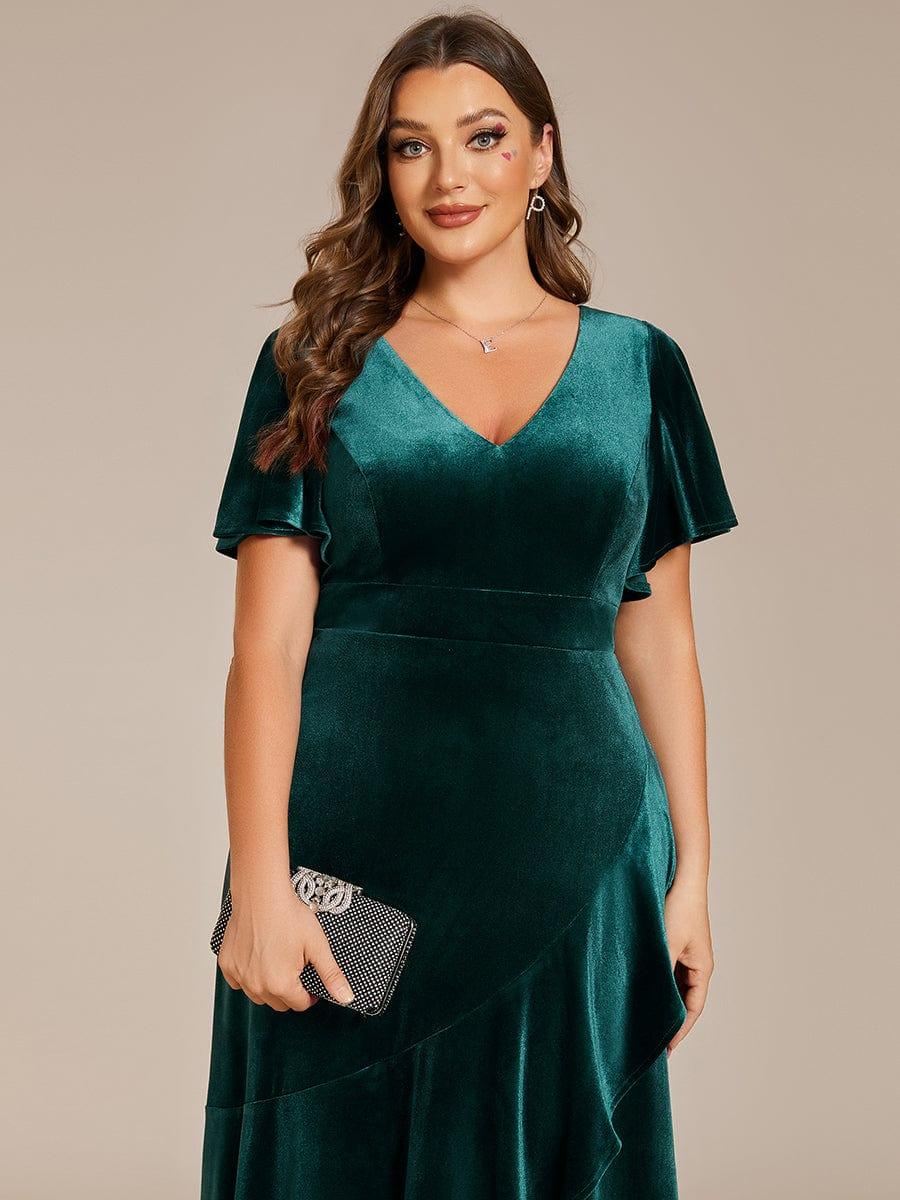 ever SYLVA|Double V-Neck Short Sleeves Stretchy Velvet Evening Dress with Lotus Leaf Hem