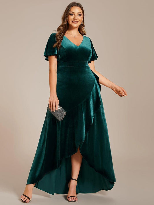 pretty SYLVA|Plus Size Lotus Leaf Hem A-Line V-Neck Ruffles Sleeve Velvet Evening Dress