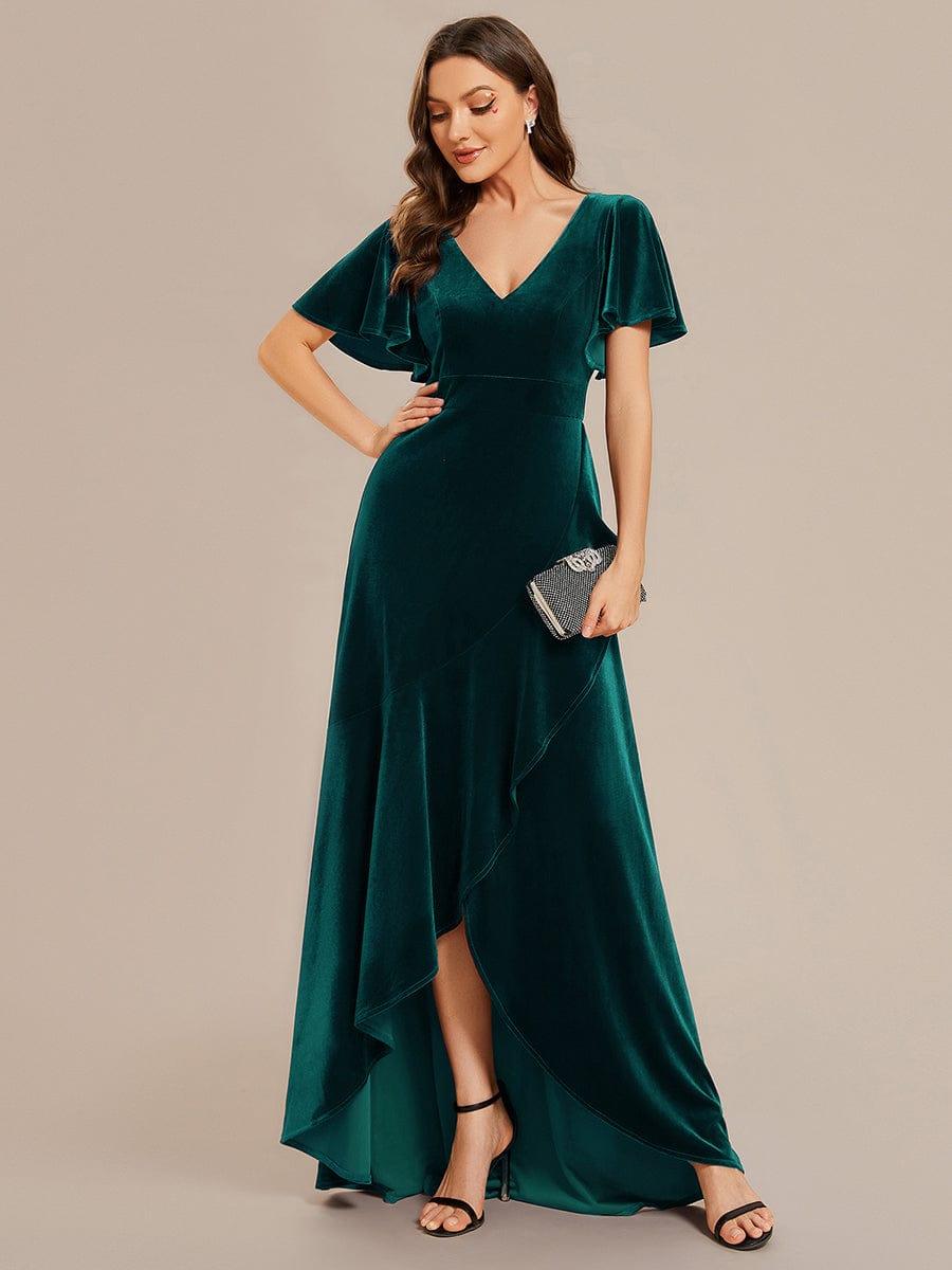 ever SYLVA|Double V-Neck Short Sleeves Stretchy Velvet Evening Dress with Lotus Leaf Hem