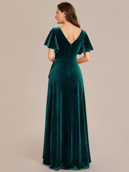 ever SYLVA|Double V-Neck Short Sleeves Stretchy Velvet Evening Dress with Lotus Leaf Hem