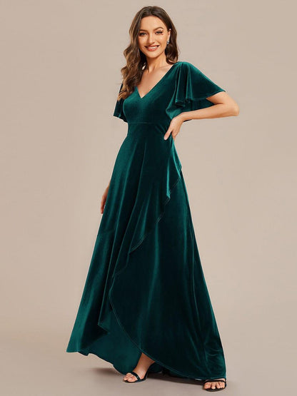 ever SYLVA|Double V-Neck Short Sleeves Stretchy Velvet Evening Dress with Lotus Leaf Hem