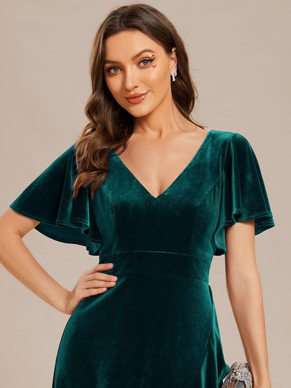 ever SYLVA|Double V-Neck Short Sleeves Stretchy Velvet Evening Dress with Lotus Leaf Hem