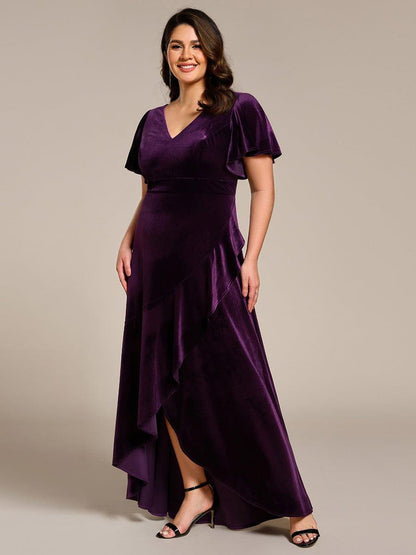 pretty SYLVA|Plus Size Lotus Leaf Hem A-Line V-Neck Ruffles Sleeve Velvet Evening Dress