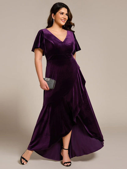 pretty SYLVA|Plus Size Lotus Leaf Hem A-Line V-Neck Ruffles Sleeve Velvet Evening Dress