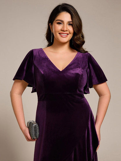 ever SYLVA|Double V-Neck Short Sleeves Stretchy Velvet Evening Dress with Lotus Leaf Hem